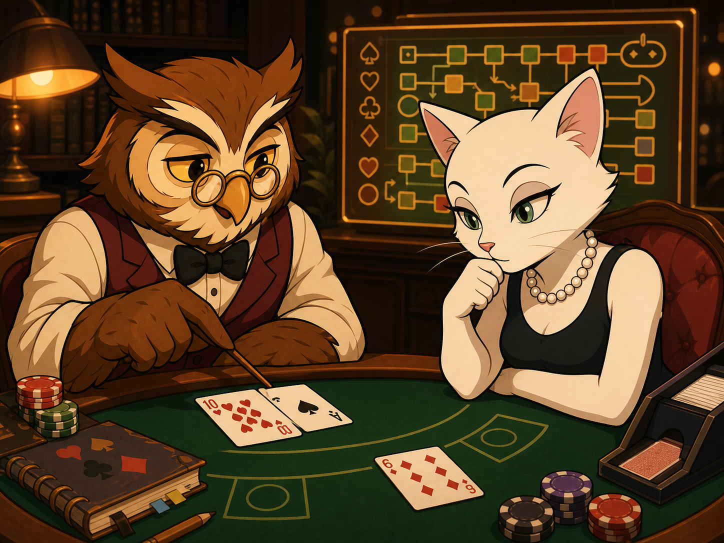 Anime blackjack practice scene with strategy characters