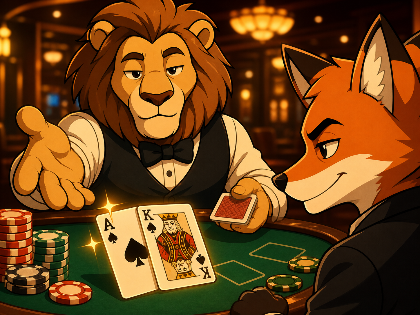 Anime blackjack simulator with animal casino characters
