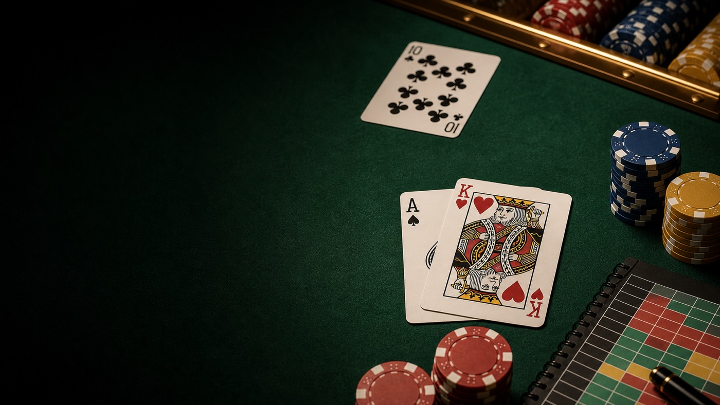 Blackjack cards and chips on green felt