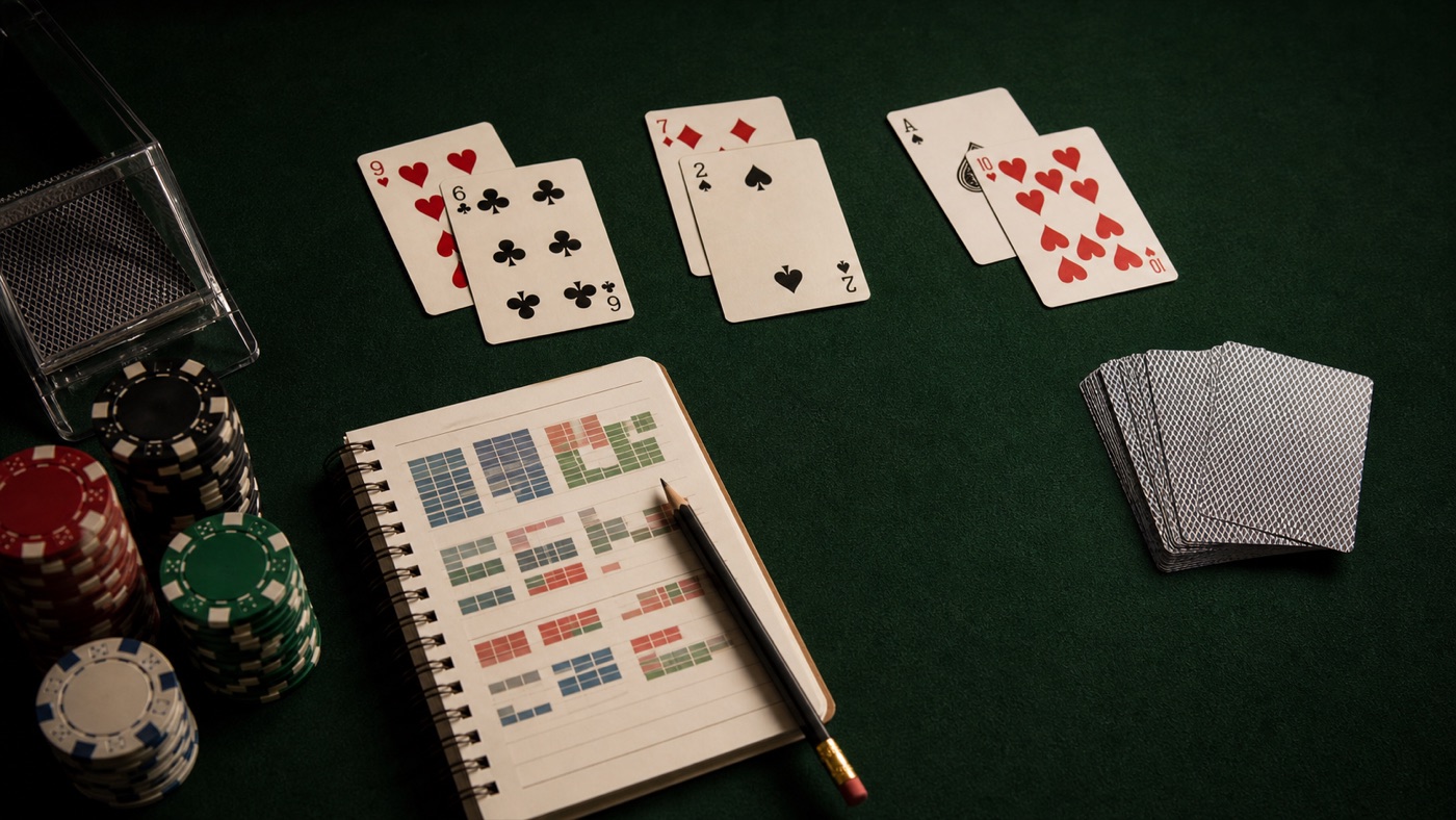 Blackjack strategy chart notebook on a casino table